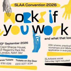 Promotional poster for SLA Convention 2026 with colorful letters, graphic hands, and event details (date, venue, tickets).