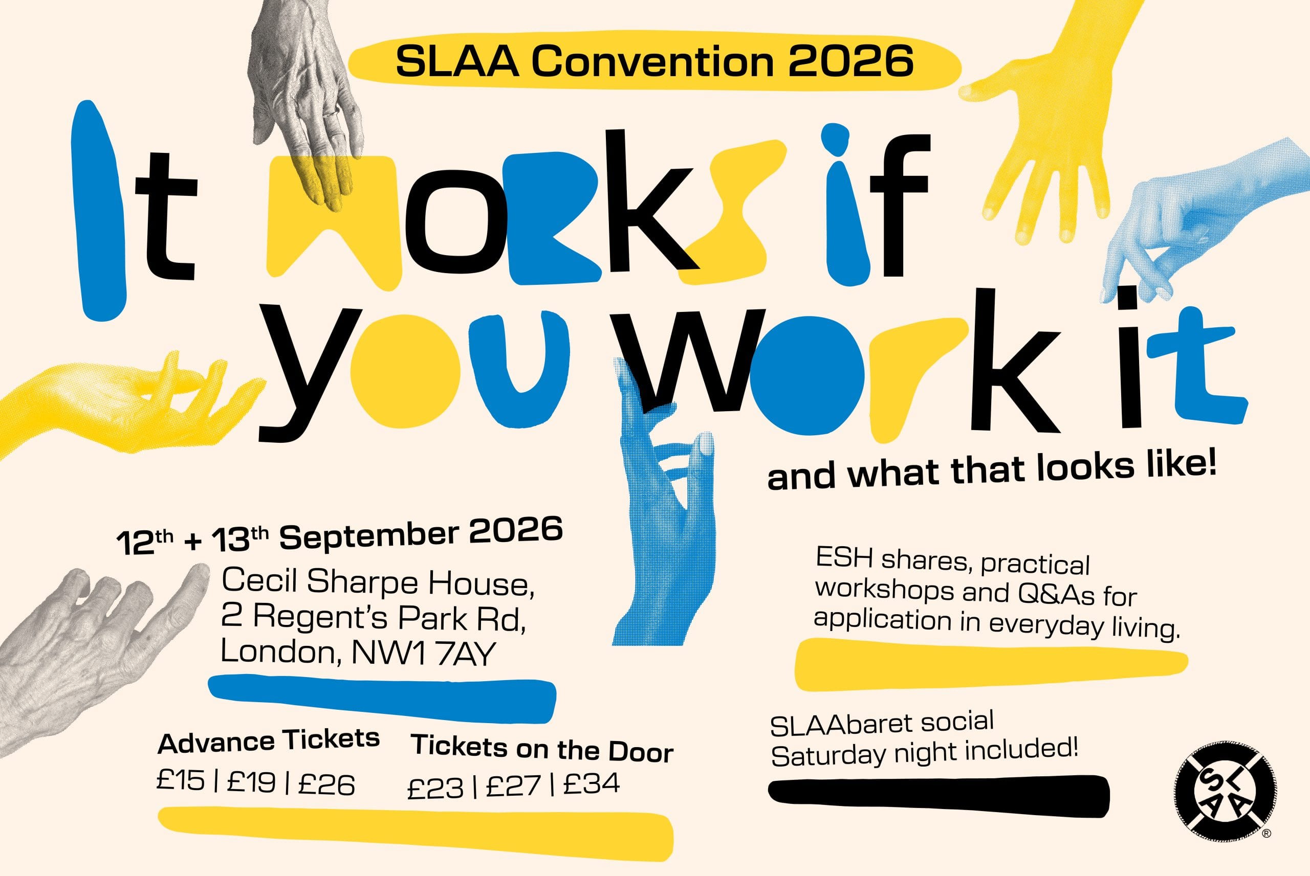 Promotional poster for SLA Convention 2026 with colorful letters, graphic hands, and event details (date, venue, tickets).