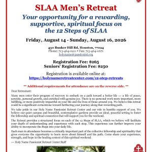 Flyer for Holy Name Passionist Retreat Center announcing the SLA A Men's Retreat with dates and contact info