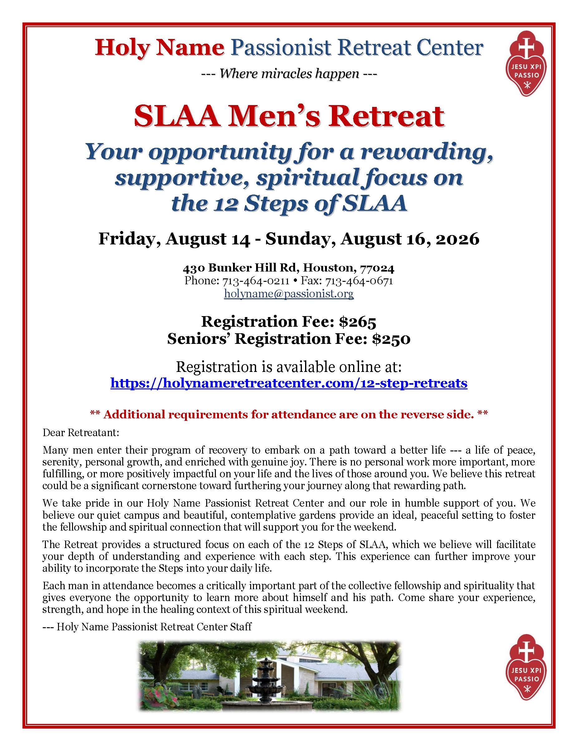 Flyer for Holy Name Passionist Retreat Center announcing the SLA A Men's Retreat with dates and contact info