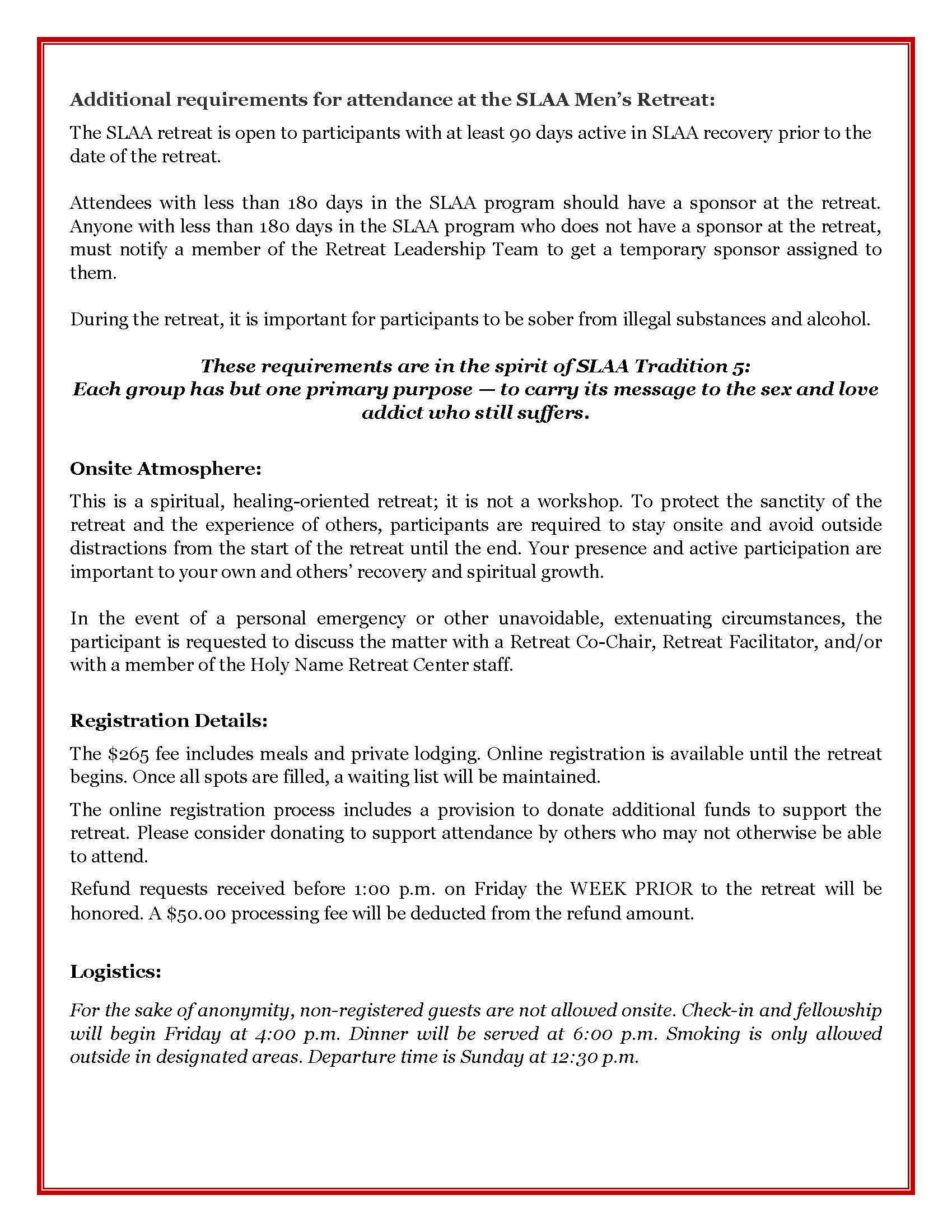 2026 slaa mens retreat flyer_page_2 - sex and love addicts anonymous (s. L. A. A. ) Informational page outlining attendance requirements and logistics for the SLAA Men’s Retreat, including sponsorship and onsite rules.