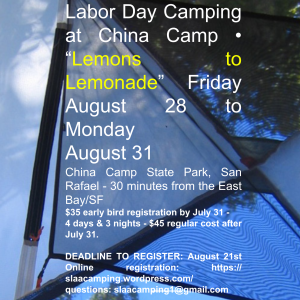 Poster advertising 2026 SLA Labor Day camping at China Camp State Park, Aug 28–31, with the 'Lemons to Lemonade' theme and registration details.