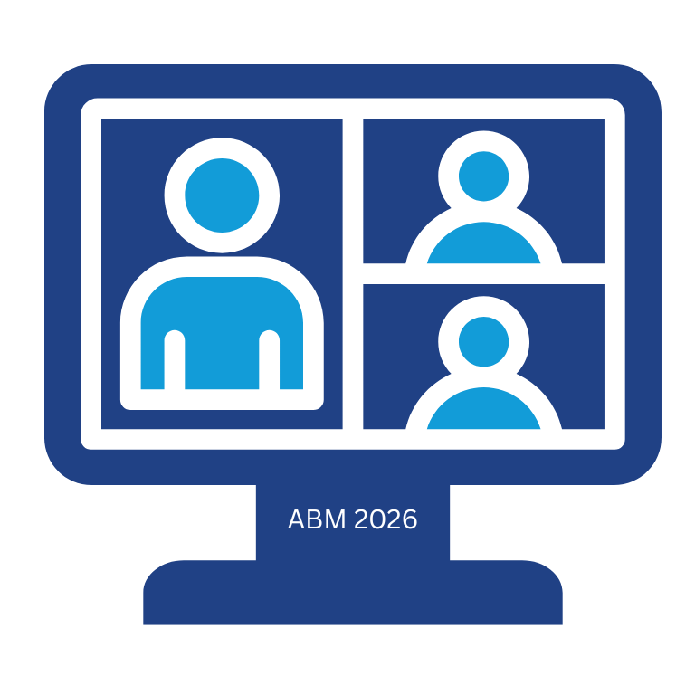 Video conference screen showing three participants as blue icon avatars; 'ABM 2026' text on the monitor stand.