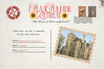 Gcmi retreat postcard_page_1 - sex and love addicts anonymous (s. L. A. A. ) Vintage-style poster for Glau Summer Retreat with sunflower accents, stamps, and a framed photo of a stone building on the right; includes weekend details on the left.