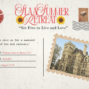 Vintage-style poster for Glau Summer Retreat with sunflower accents, stamps, and a framed photo of a stone building on the right; includes weekend details on the left.