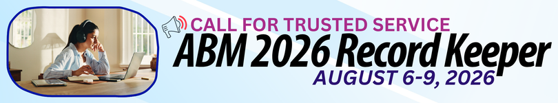 Banner announcing ABM 2026 Record Keeper: Call for Trusted Service, August 6–9, 2026; woman using a laptop at a home desk.